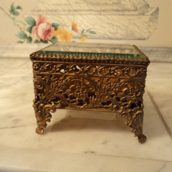 vintage brass filigree ormolu glass casket box - Picture 2 of 7